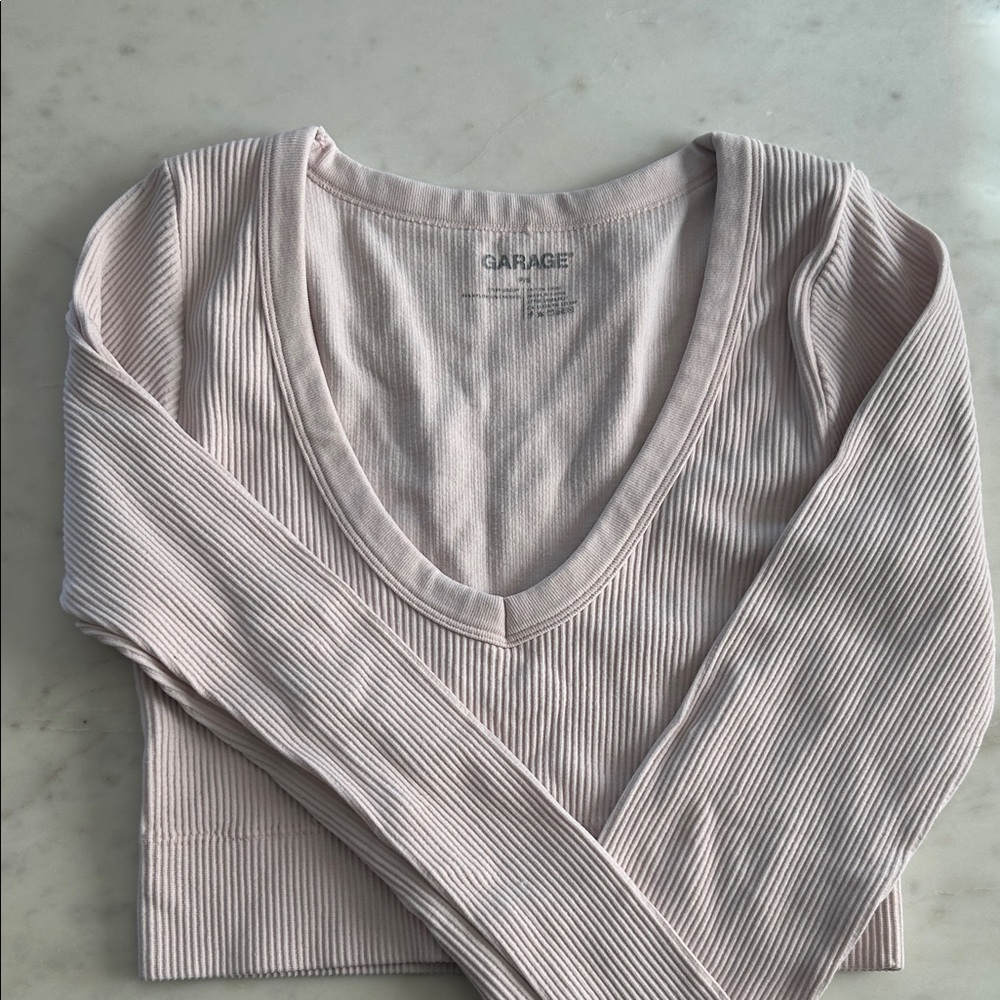 Garage V-Neck Ribbed Long Sleeve Top - Soft Pink